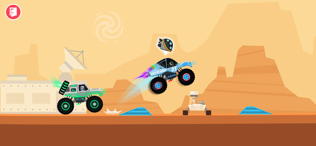 Two monster trucks racing on a Mars themed track with a space rover