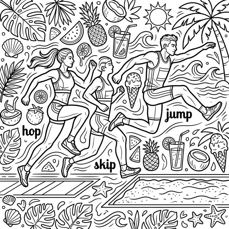 Experience the thrill of the triple jump combined with vibrant summer energy in this exciting coloring page. Watch athletes soar through the air surrounded by sunny beach elements, ready for your creative touch.