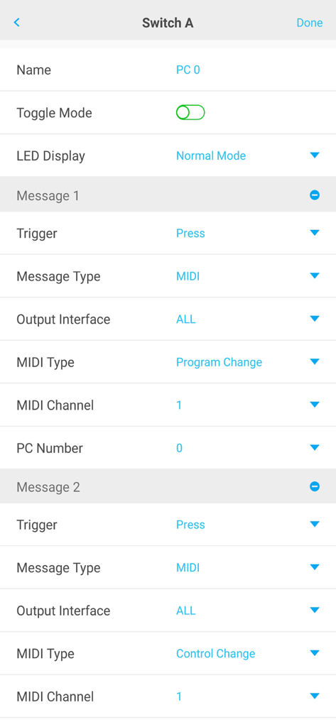 Interfaccia per la configurazione dei messaggi MIDI su un footswitch all'interno dell'app AIRSTEP