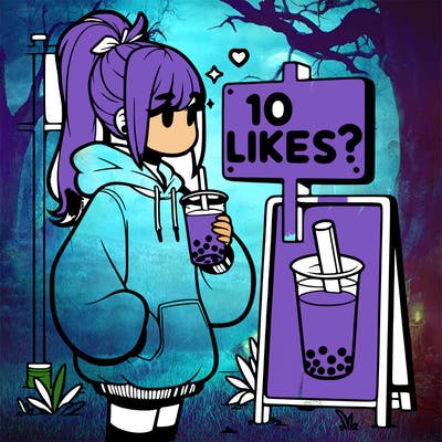 girl with oversized hoodie drinking boba and she has a high ponytail with a sign that says 10likes?