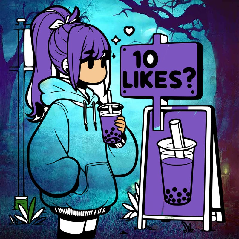 girl with oversized hoodie drinking boba and she has a high ponytail with a sign that says 10likes?