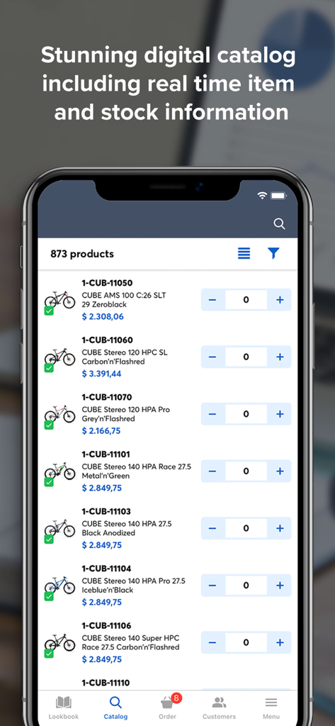 App4Sales - Interface mobile App4Sales affichant un catalogue de produits numérique avec des informations de stock et de prix en temps réel pour les commerciaux en gros