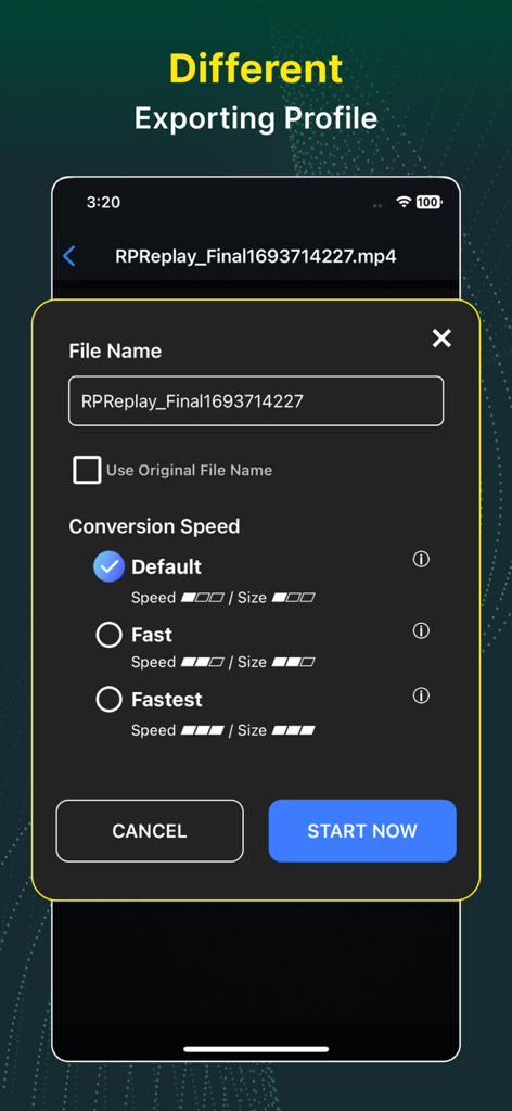 Interface for setting file name and conversion speed in the video converter app