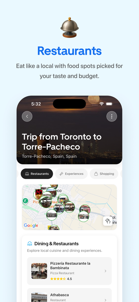 Travy: Plan Trips & Itinerary - 여행 일정에 대한 현지 레스토랑 추천 및 지도 보기를 보여주는 Travy 앱 인터페이스