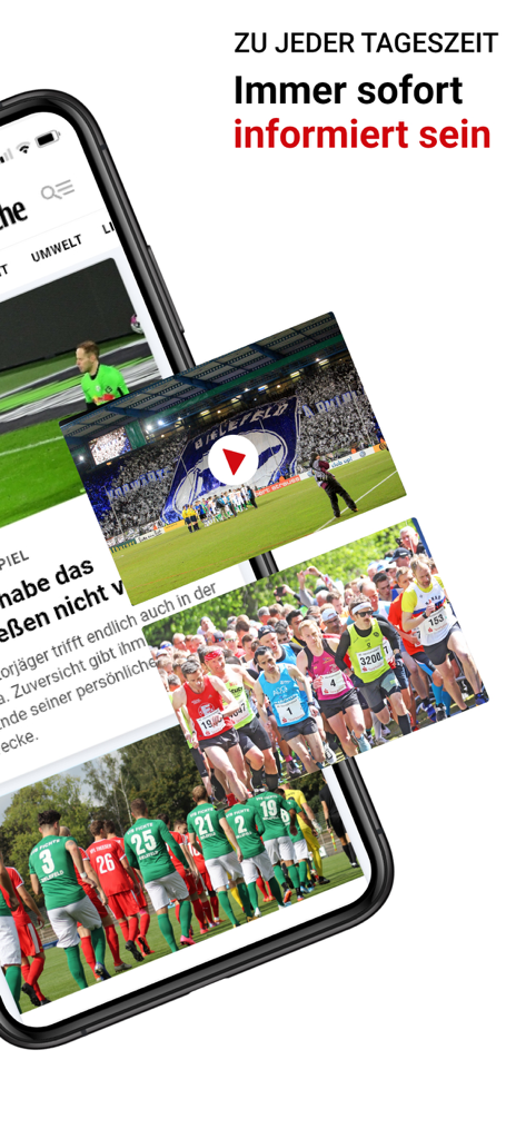 NW News - Application NW News sur un smartphone montrant les mises à jour des sports locaux, y compris le football et les marathoniens, avec du texte allemand sur le fait de rester informé