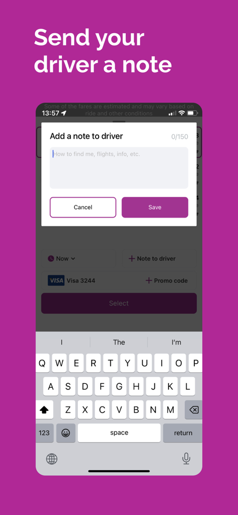 Kari - Kari app interface showing the feature to add a pickup note for the driver