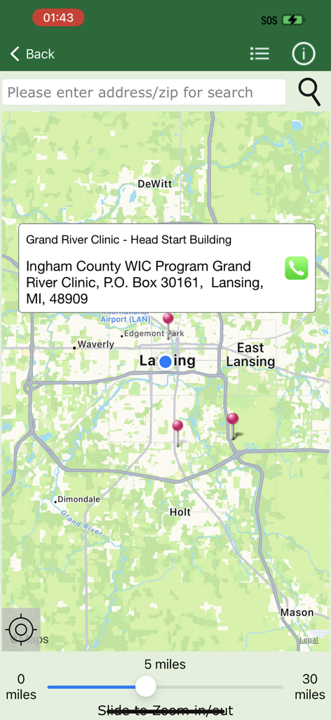 WIC Connect - Uma interface de mapa no aplicativo WIC Connect mostrando a localização da Grand River Clinic e outras clínicas WIC em Lansing Michigan.
