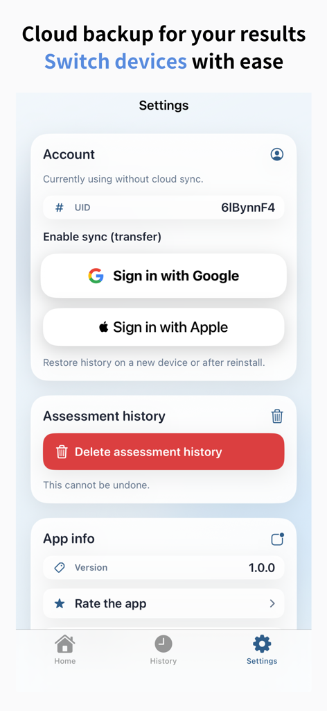 Body Clock: Chronotype Test - The settings screen of the Body Clock app displaying options for cloud backup and assessment history management.