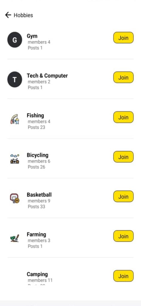 Hobbee - 낚시 및 자전거 타기를 포함한 다양한 취미 그룹을 나열하는 Hobbee 앱의 모바일 화면
