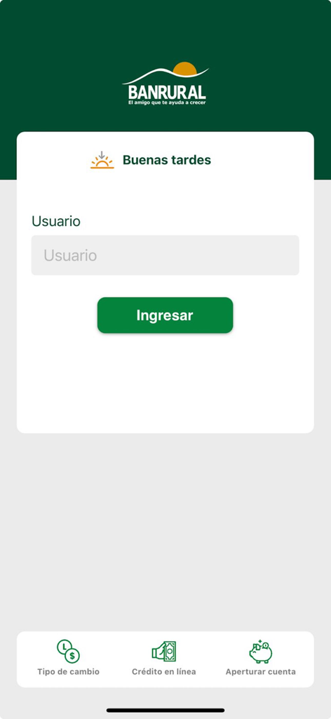 Banrural Móvil Honduras - Login screen of the Banrural Movil Honduras mobile app featuring a username field and login button