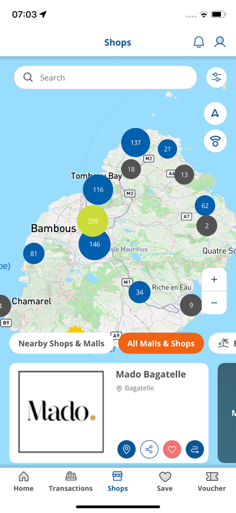 MCCI Tax Free Shopping - Map of Mauritius showing registered tax free shop locations and malls in the MCCI app