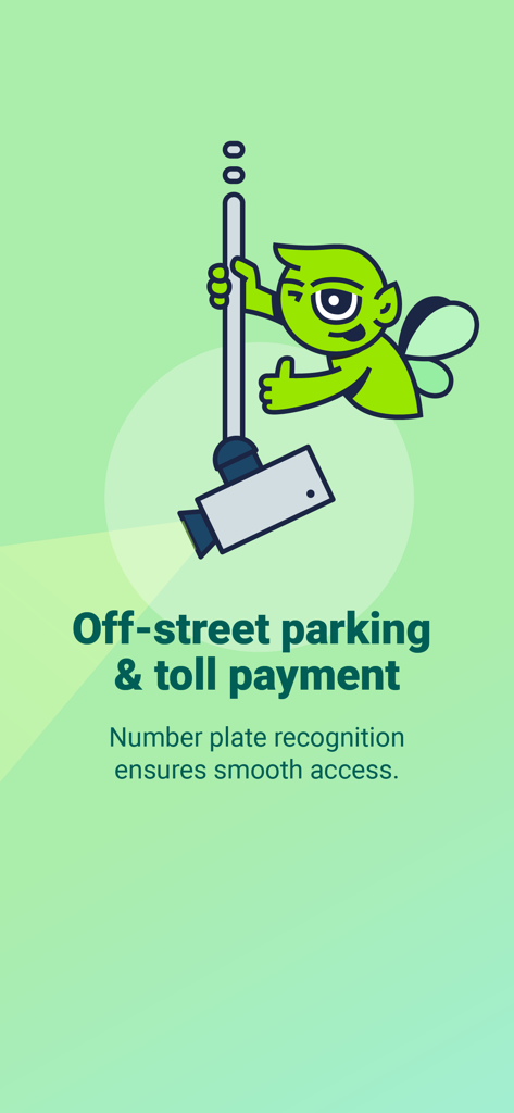 Una ilustración de la mascota de 4411 promocionando el estacionamiento fuera de la vía pública y el pago de peajes mediante el reconocimiento de matrículas.
