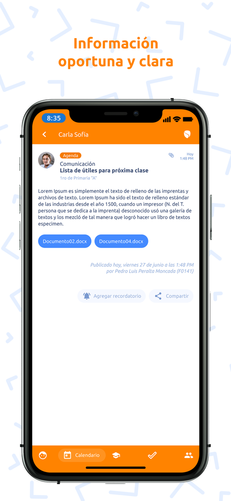 SiaNet mobile app screen showing a school communication message with a supply list and document attachments for parents