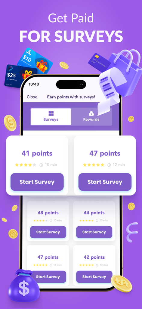 Earn Rewards: Fancy Giveaways - Un smartphone que muestra la sección de encuestas de la aplicación Fancy Giveaways con varias opciones de encuestas y recompensas de puntos.