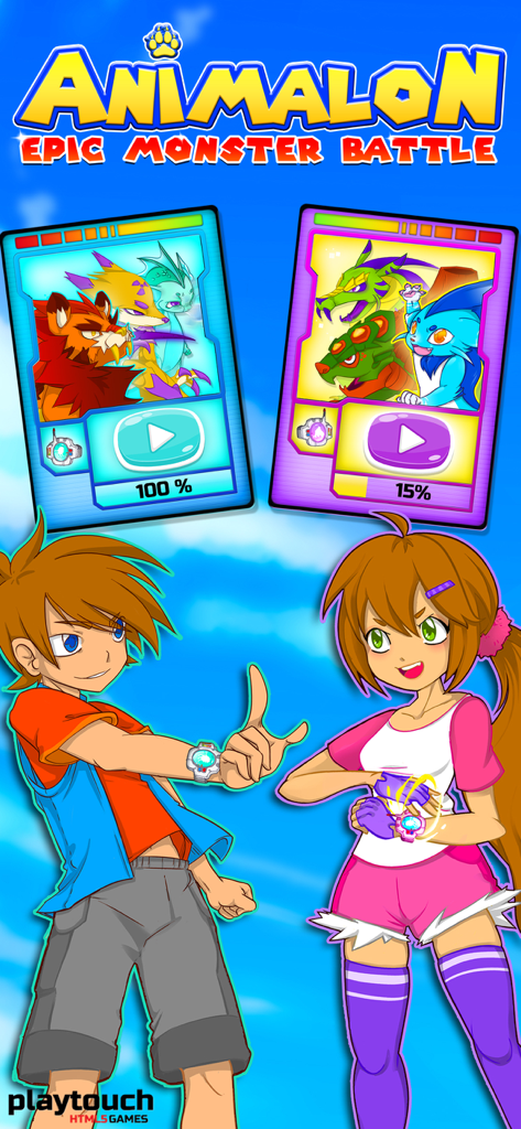 Anime style characters and monster battle cards in Animalon Epic Monster Battle