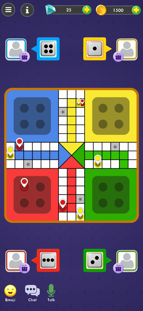 No WiFi Mini Games Offline Fun - Interface clássica do jogo de tabuleiro Ludo com quatro posições de jogador e fichas coloridas