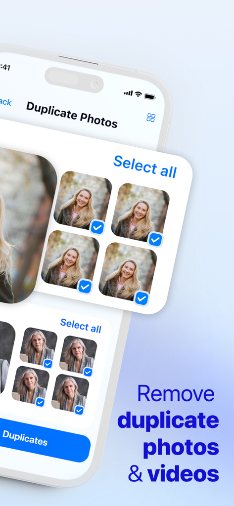 Phone Storage Cleaner: Free up - Interfaz de la aplicación Phone Storage Cleaner mostrando fotos duplicadas seleccionadas para una rápida eliminación
