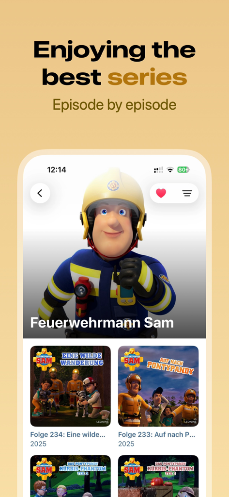 HörBär - Kids Stories - Interfaz de la aplicación HorBar que muestra una serie de episodios de audio de Bombero Sam para niños