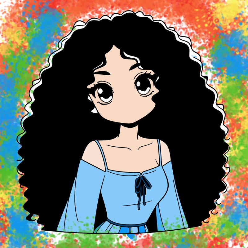 a black anime girl with long afro hair