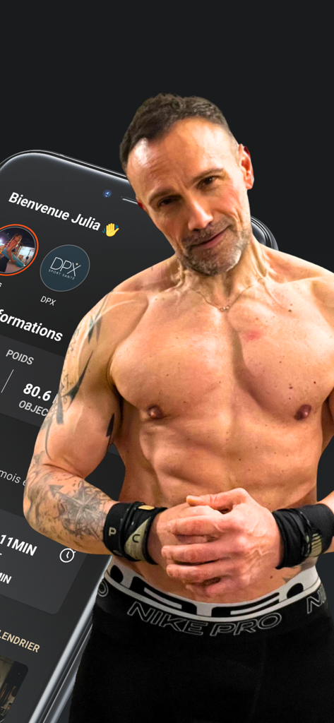 ONLYFIT - A muscular fitness coach standing next to an iPhone displaying the ONLYFIT app dashboard