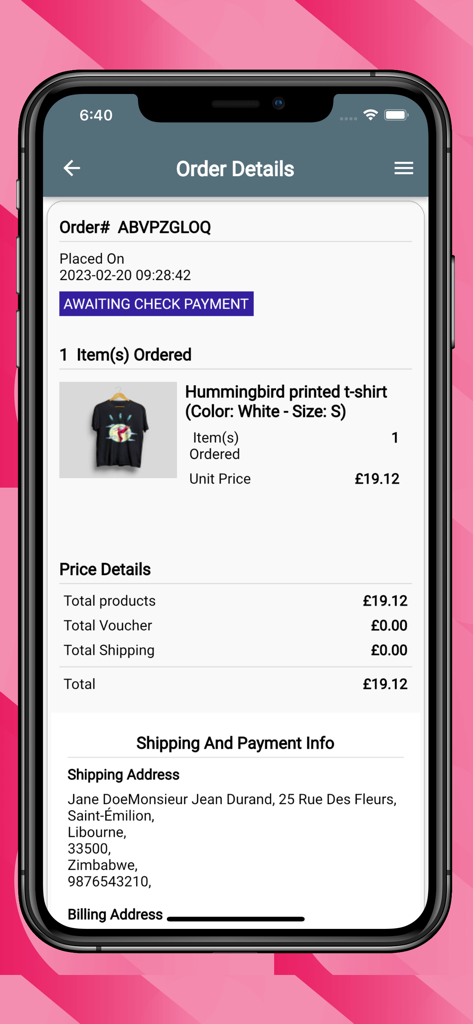 PrestaShop Mobile App - Captura de tela do aplicativo móvel PrestaShop mostrando a página de detalhes do pedido, incluindo informações de produto e envio