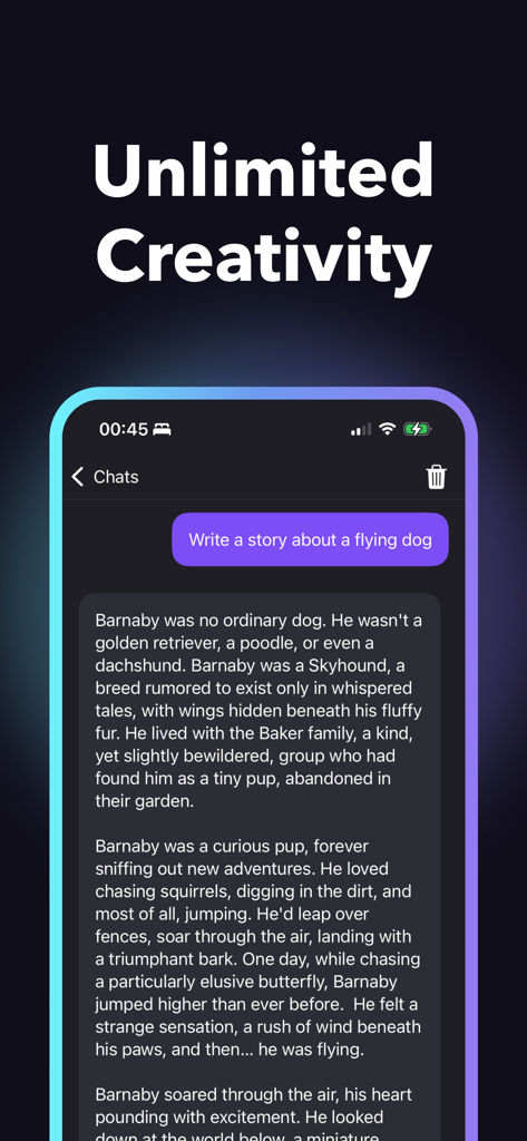 Gwen AI Chatbot Assistant - Interface do Gwen AI mostrando uma história criativa sobre um cachorro voador sob o título Criatividade Ilimitada