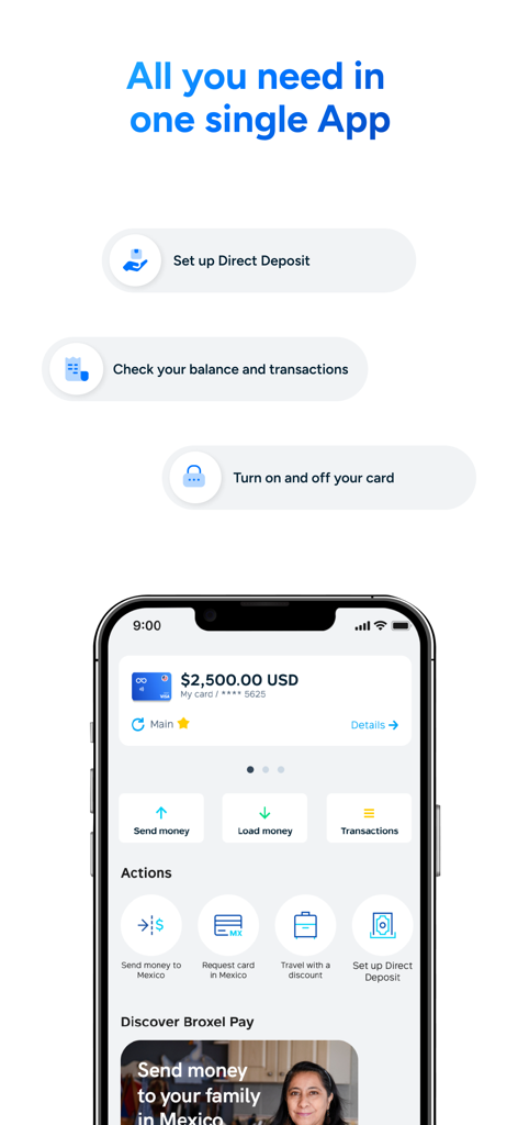 Broxel - Interfaz de la aplicación móvil Broxel mostrando el saldo de la cuenta y opciones para enviar dinero a México