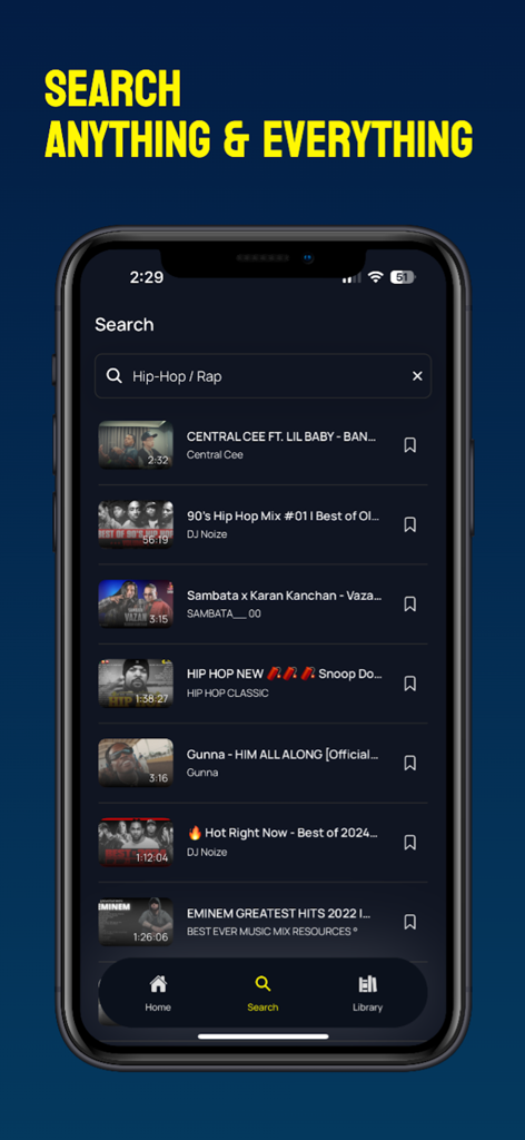Music : Songs, Video Streaming - Smartphone screen showing the search interface of the Discovery Player app with results for hip hop and rap music