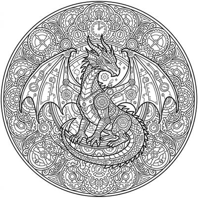 Dive into a world where ancient myth meets industrial innovation with this stunning Steampunk Dragon Mandala coloring page. This intricate design offers a captivating challenge, combining powerful dragons with a detailed clockwork universe, perfect for mindful coloring.