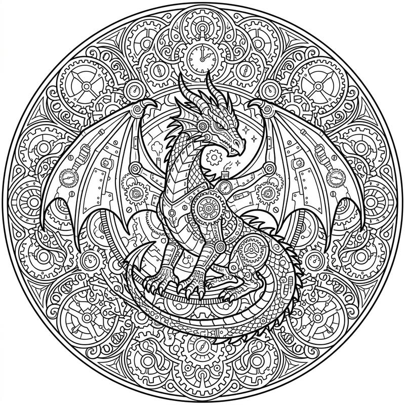 Dive into a world where ancient myth meets industrial innovation with this stunning Steampunk Dragon Mandala coloring page. This intricate design offers a captivating challenge, combining powerful dragons with a detailed clockwork universe, perfect for mindful coloring.