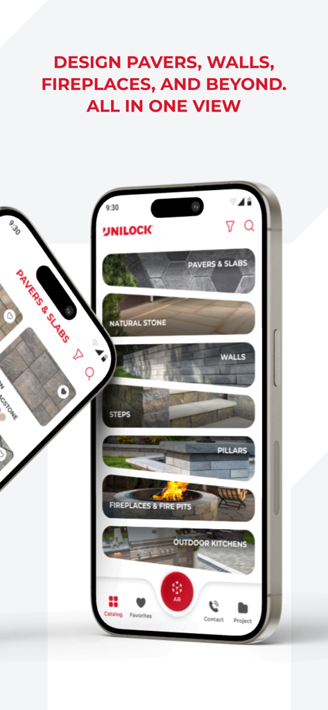 Uview AR Landscape Visualizer - Interfaz de la aplicación Uview que muestra un catálogo de productos de paisajismo, incluyendo adoquines, muros y chimeneas