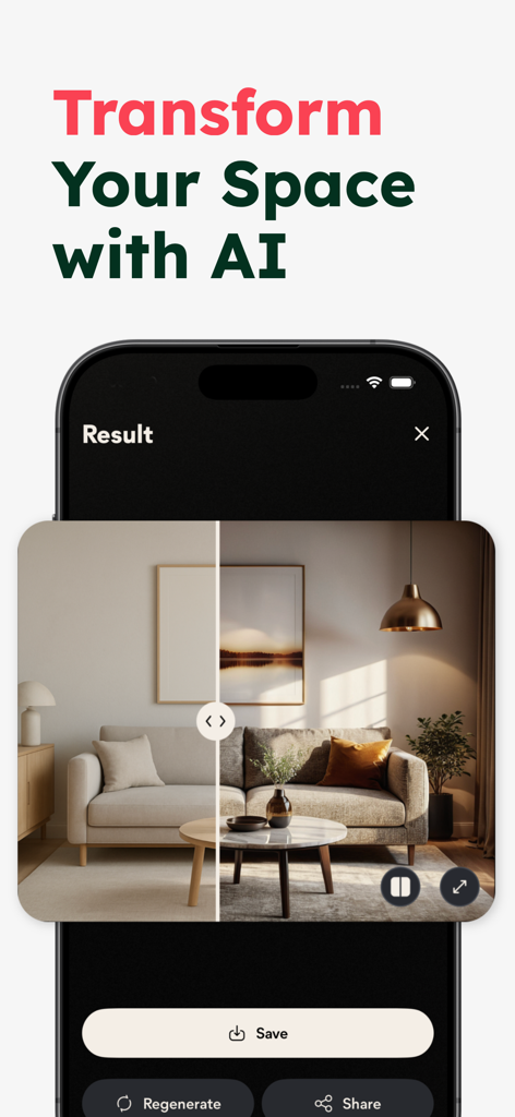 Restyle AI - Home Design - AI-powered interior design before and after comparison of a living room.