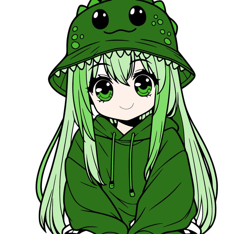 girl with anime shaped eyes with a dinosaur bucket hat oversized sweatshirt long straight hair