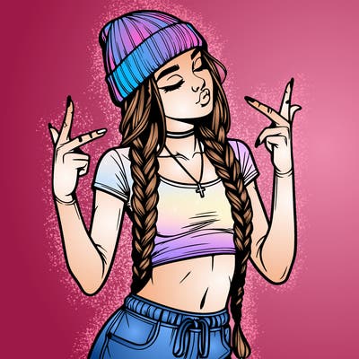 realistic teenage girl with braids and a beanie and crop top doing 🫶🏼