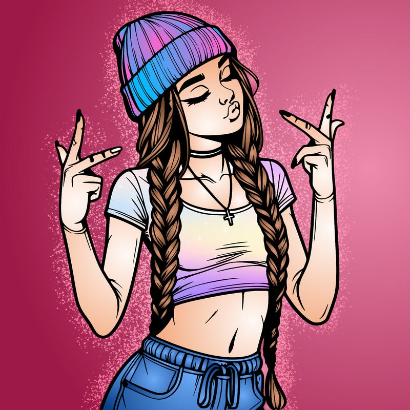 realistic teenage girl with braids and a beanie and crop top doing 🫶🏼