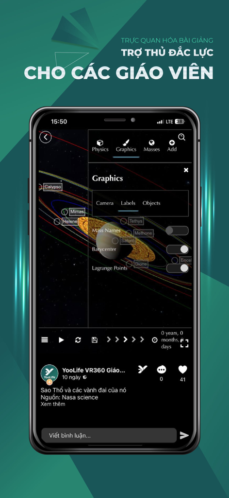 YooLife app interface showing a 3D virtual reality visualization of the planet Saturn and its moons for education.