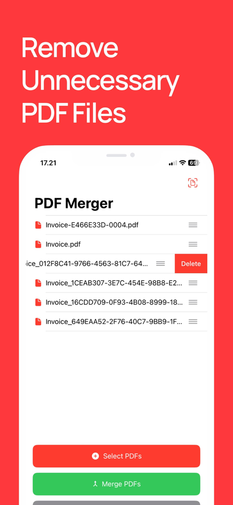 Screenshot of the PDF Merger app showing the interface to remove unnecessary PDF files from a list before combining them
