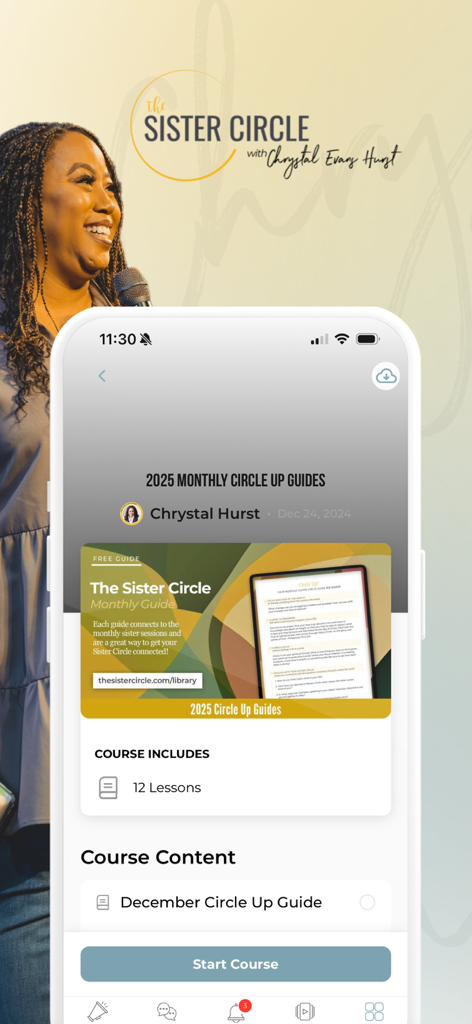 The Sister Circle Online - Interfaz de la aplicación The Sister Circle Online mostrando el curso de guías mensuales del círculo de Chrystal Hurst