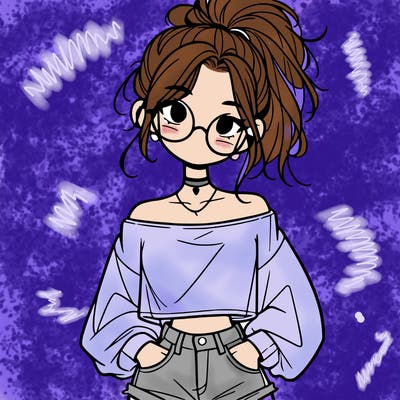 girl with a messy ponytail glasses a baggy crop top and jean shorts