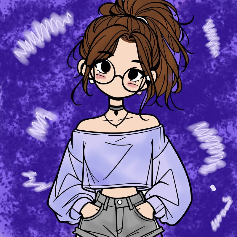 girl with a messy ponytail glasses a baggy crop top and jean shorts