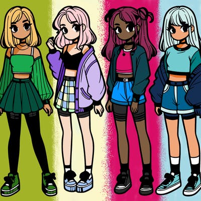 one girl with crop-top shirt and a jacket with a skirt, long socks and another girl with a shirt and pants with a jacket