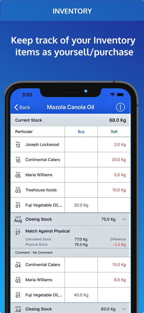Invoice Pro. Invoice on the go - Invoice Pro app interface showing inventory management and stock level tracking for business items