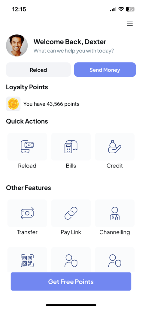 PayMaster - The Super App - Panel de control de la aplicación PayMaster con puntos de fidelidad y acciones rápidas para pagos de facturas y recargas