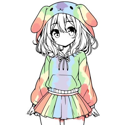 pretty anime girl wearing a fluffy hoodie with bunny ears on the hood and a skirt