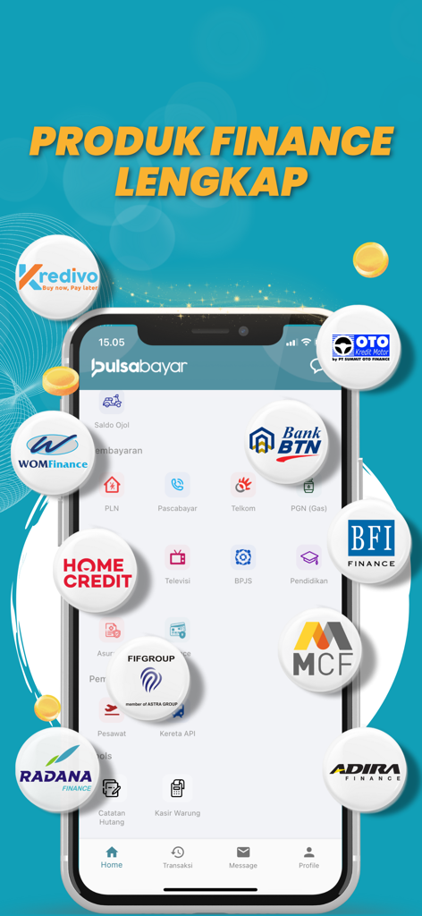 Pantalla de la aplicación Pulsabayar que muestra varios logotipos de socios financieros indonesios para pagos de facturas y servicios de crédito.
