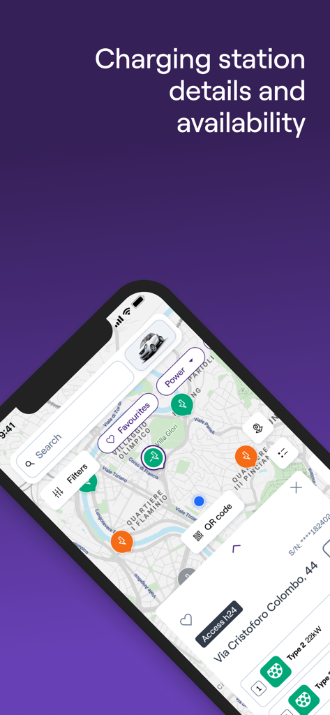 Mappa dell'app mobile che mostra la posizione e i dettagli delle stazioni di ricarica per veicoli elettrici