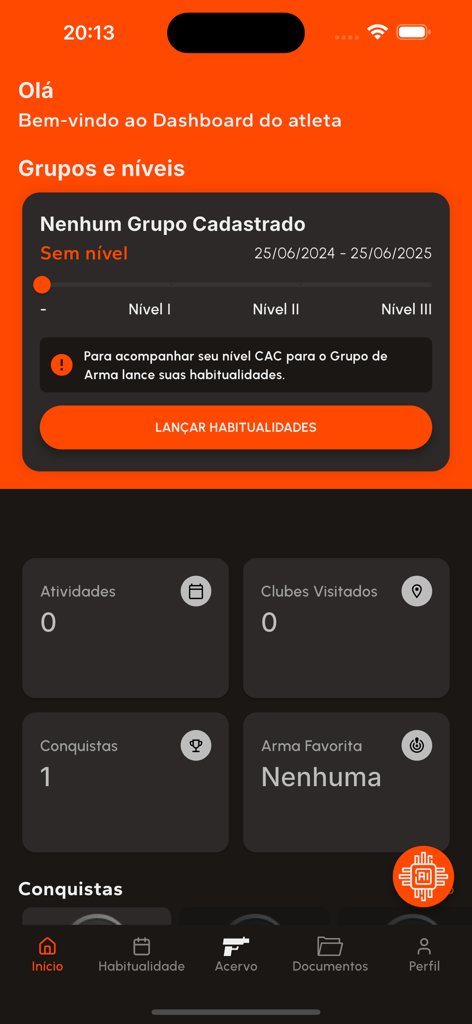 MyShooting - Dashboard view of the MyShooting app displaying shooting activities and user level progress