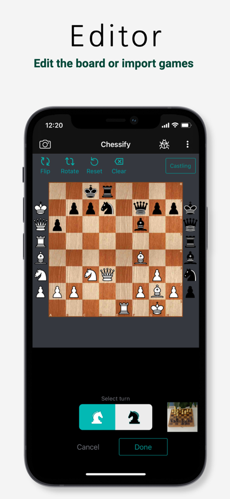 Chessify - Magic Chess Tools - Una pantalla móvil mostrando la función de editor de tablero de la aplicación Chessify con una posición de ajedrez y opciones para voltear, rotar o reiniciar el tablero.