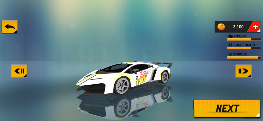 Drive Real Car Games - Car selection screen in Drive Real Car Games featuring a white sports car with performance stats