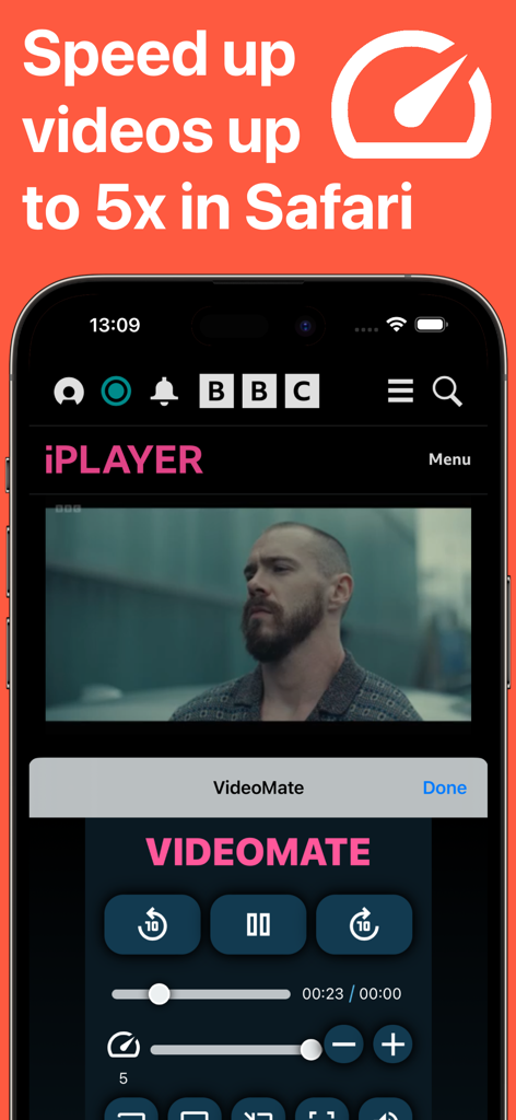VideoMate - Casting for Safari - Interface da extensão VideoMate para Safari para controlar a velocidade de reprodução de vídeo em até 5x em um iPhone
